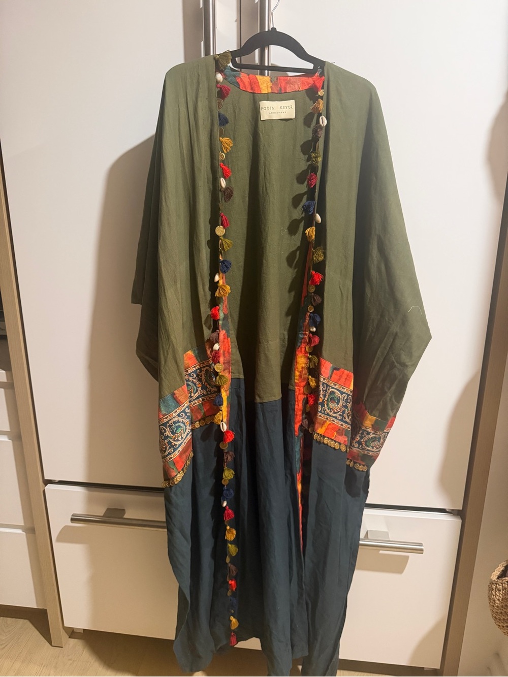 Boho Tassel Shell Trim Olive & Navy Kimono Jacket by  Pooja & Keyur